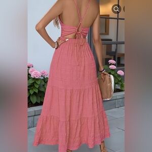 Boho Style Dusty Pink Backless Tie-Back Adjustable Ruched Maxi Dress XL